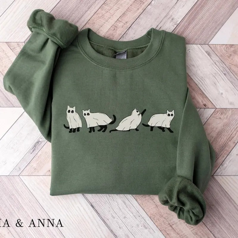 Halloween Sweatshirt, Cat Sweatshirt, Ghost Shirt, Halloween Sweater, Halloween Cat Shirt, Cat Lover Shirt Cotton Hoodie