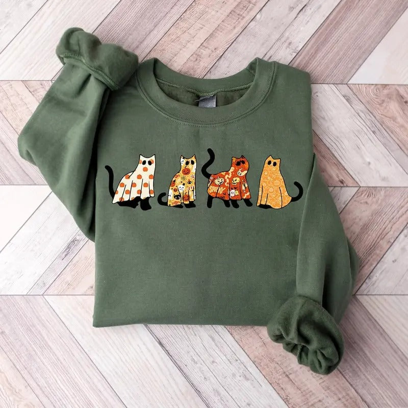 Halloween shirt, Cat shirt, Ghost Shirt, Halloween shirt, Halloween Cat Shirt, Cat Lover Shirt, Black Cat Shirt, Spooky Season, ghost cats Cotton Tops