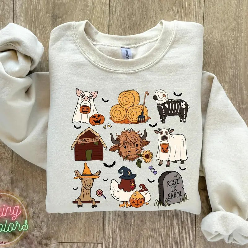 Highland Cow Halloween Sweatshirt, Spooky Farm Sweater,Spooky Season,Western Halloween Sweathirt, Halloween Sweatshirt,Ghost Animals Sweater Cotton