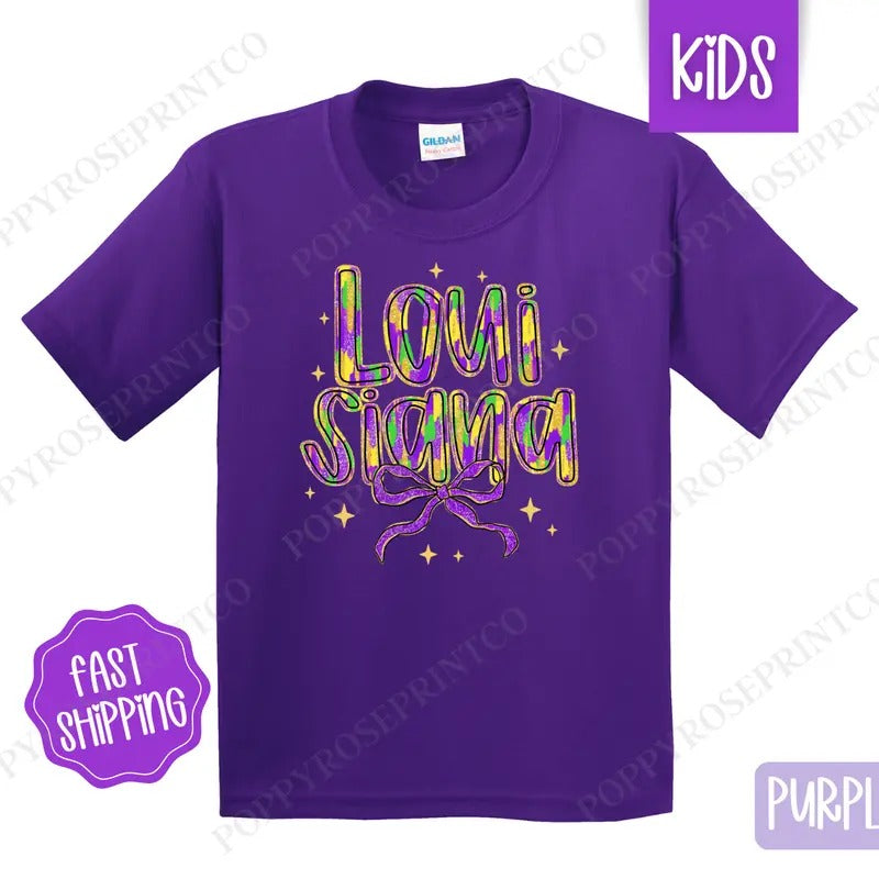 Louisiana Bow Kids Shirt - Louisiana Parade Coquette Children's Tshirt - Cute Youth Tee Gildan