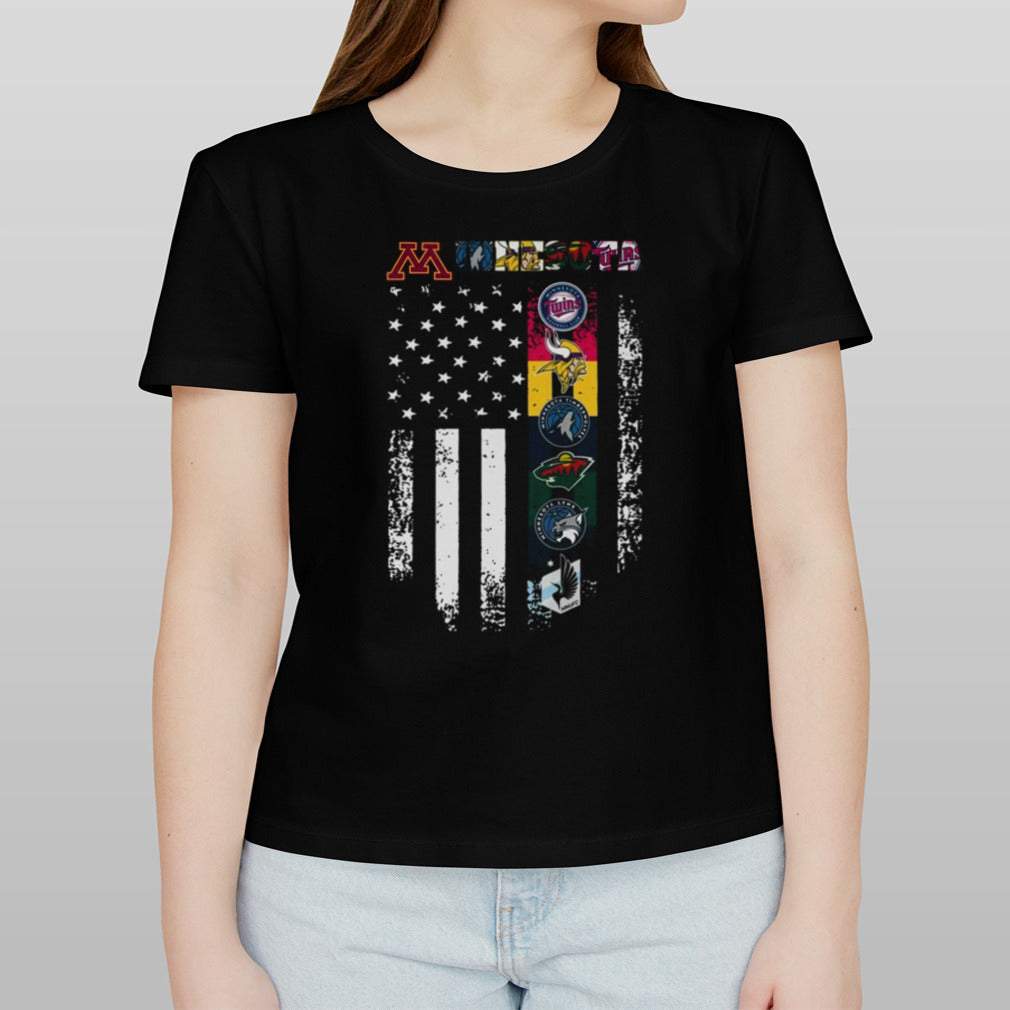 Minnesota golden Minnesota twins Minnesota timberwolves Minnesota wild Minnesota vikings logo flag America T-shirt