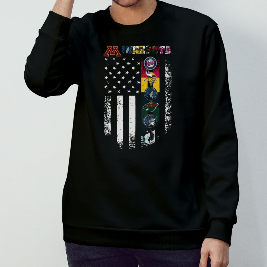 Minnesota golden Minnesota twins Minnesota timberwolves Minnesota wild Minnesota vikings logo flag America T-shirt