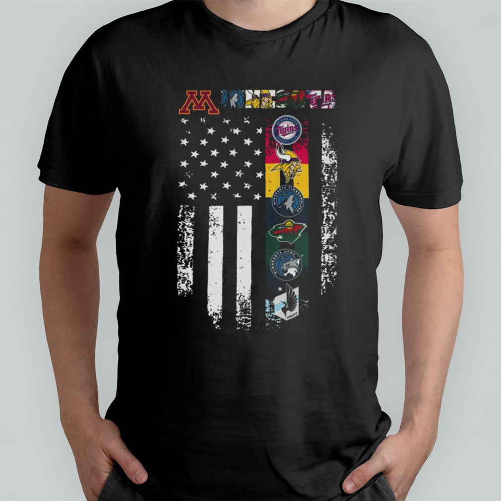 Minnesota golden Minnesota twins Minnesota timberwolves Minnesota wild Minnesota vikings logo flag America T-shirt