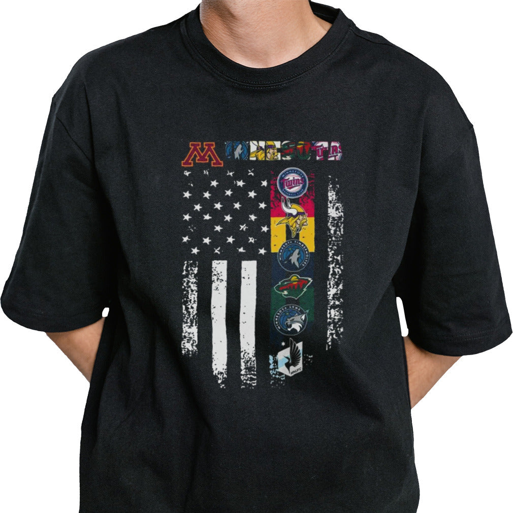 Minnesota golden Minnesota twins Minnesota timberwolves Minnesota wild Minnesota vikings logo flag America T-shirt