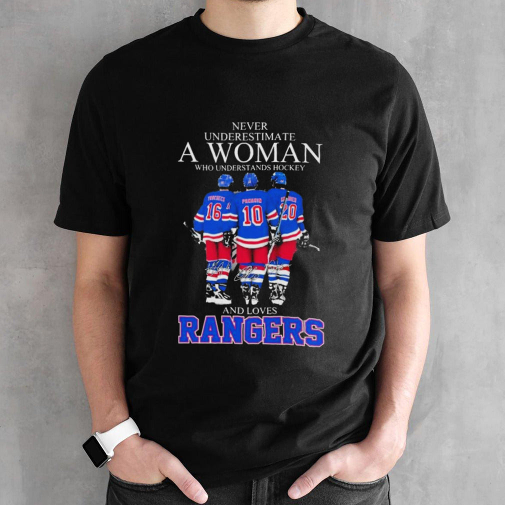 Never Underestimate A Woman Who Understands Hockey And Loves New York Rangers Trocheck Panarin And Kreider Signatures Shirts