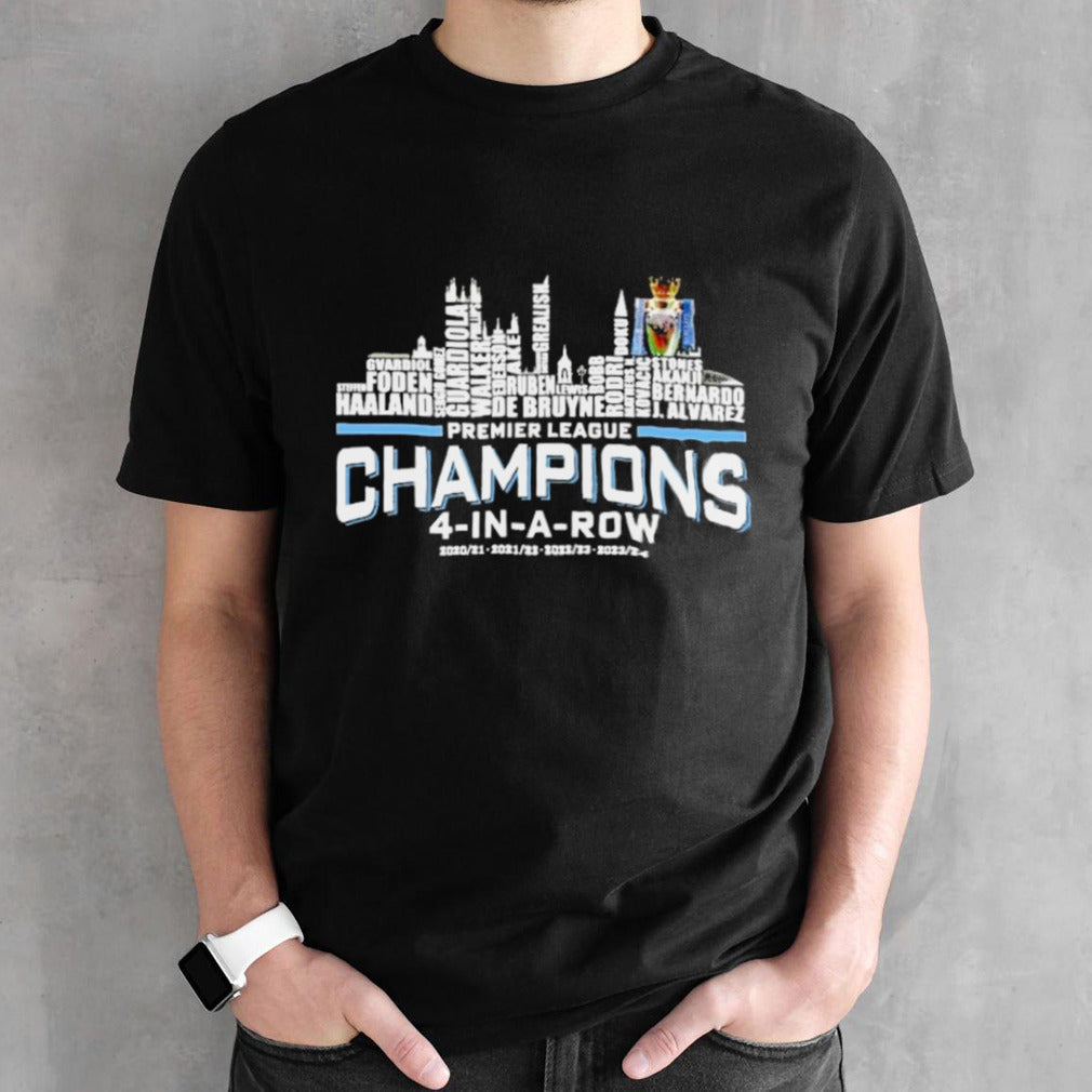 Official Manchester City Skyline Players Name 4-In-A-Row Premier League Champions Shirt