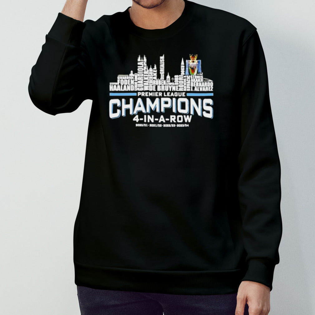 Official Manchester City Skyline Players Name 4-In-A-Row Premier League Champions Shirt