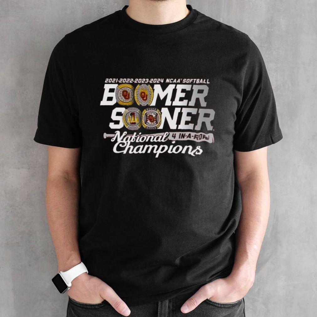 Oklahoma Sooners 2021 2022 2023 2024 Ncaa Softball Boomer Sooner 4 In A Row National Champions T-Shirt