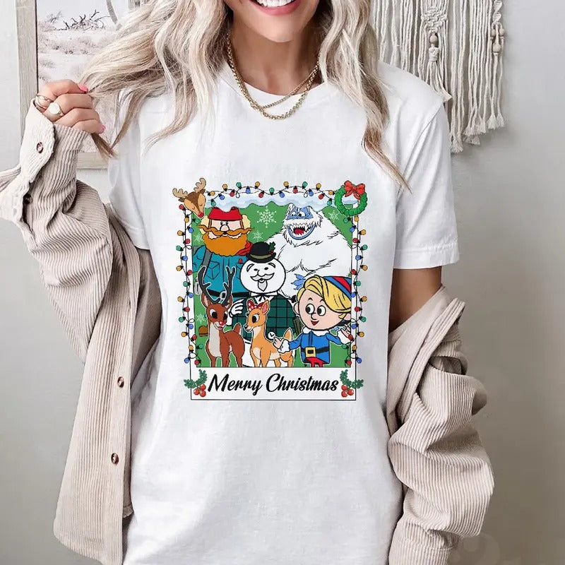 Reindeer Cartoon Christmas Tshirt, Merry Christmas Shirt, Rudolph The Red-Nosed Reindeer Character Tshirt