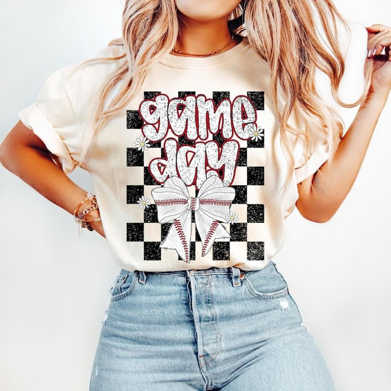 Retro Baseball Coquette T-Shirt, Game Day Baseball T-Shirt, Preppy Baseball T-Shirt, Baseball Mama T-Shirt, Baseball Mom T-Shirt, Checkered Baseball Bow T-Shirt