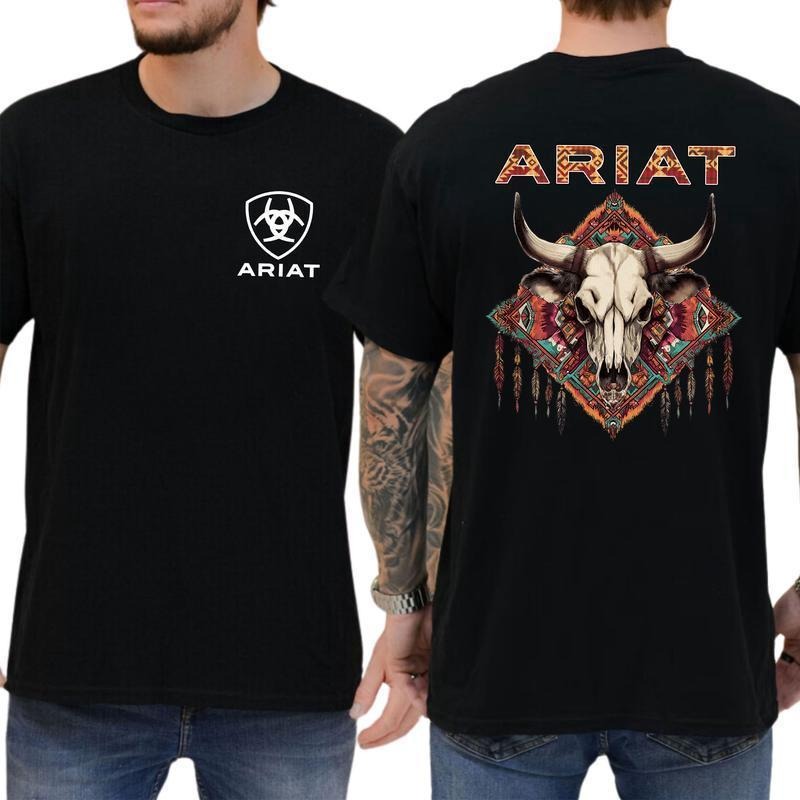[Sale off up to 50%] Ariat Shirt, Western Aztec Bull Skull Shirt, Rodeo T-Shirt, Casual Menswear