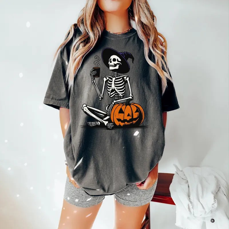 Skeleton Pumpkin Shirt Coffee Lover Skeleton Shirt Fall Coffee Latte Shirt Retro Halloween Shirt Womens Halloween Shirt