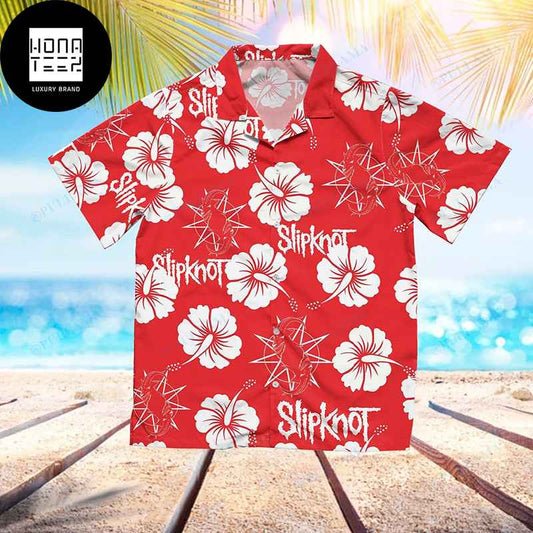Slipknot With Logo And Floral Pattern Red Color 2024 Trendy Hawaiian Shirt