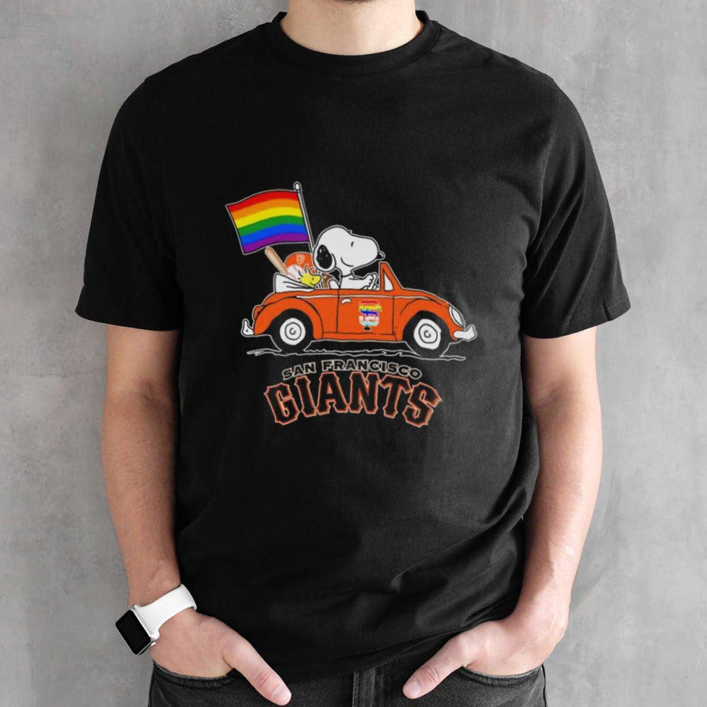 Snoopy And Woodstock Driving Car San Francisco Giants Pride Flag T-shirt