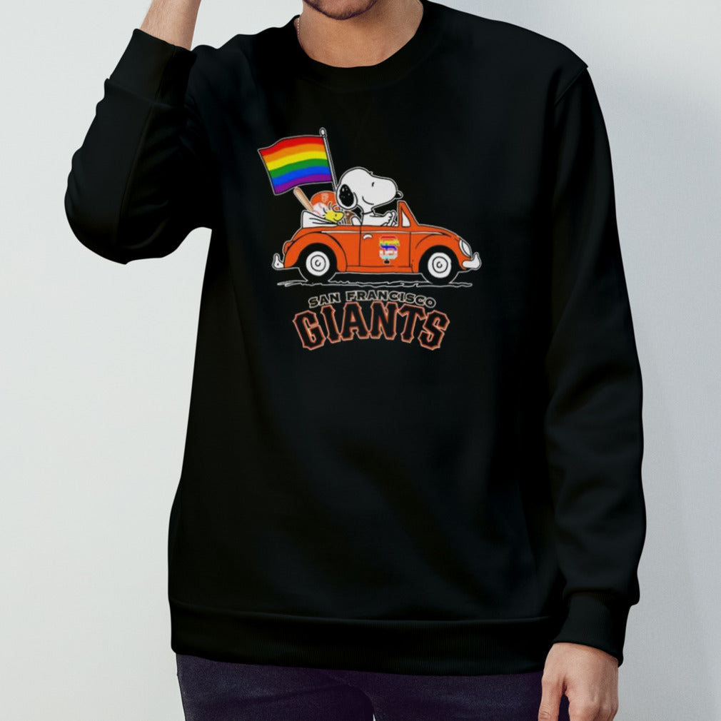 Snoopy And Woodstock Driving Car San Francisco Giants Pride Flag T-shirt
