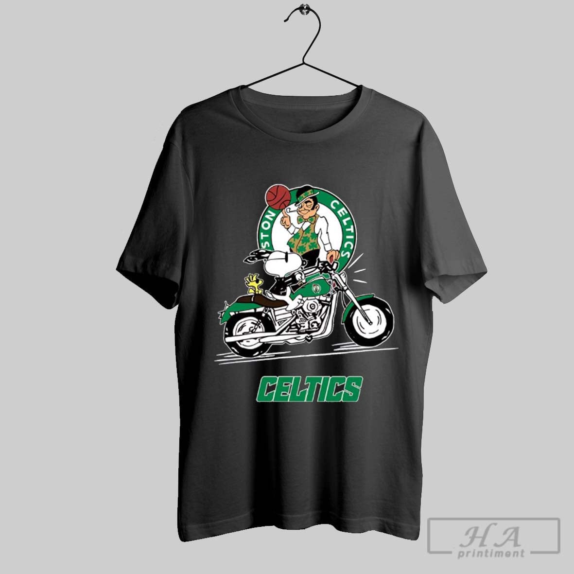 Snoopy And Woodstock Driving Motorbike Boston Celtics Shirt