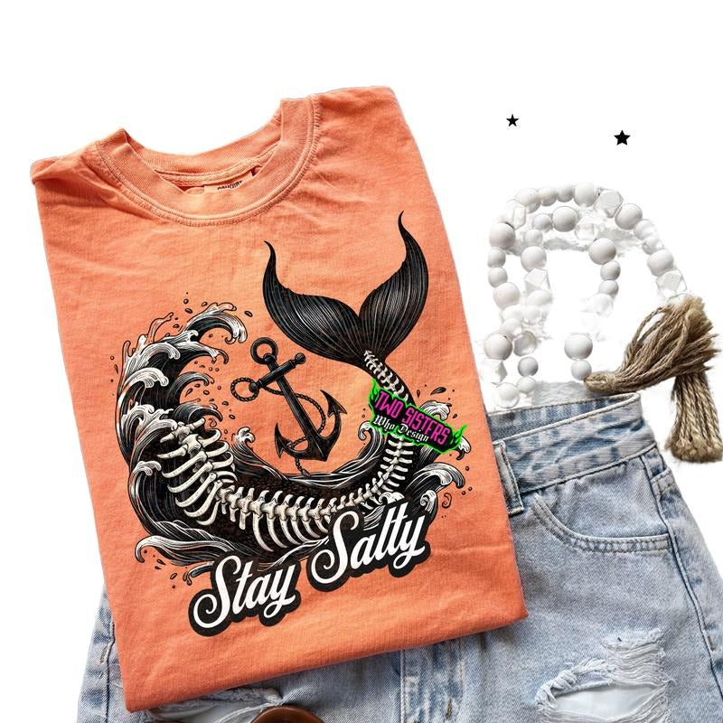 Stay Salty Neon Orange Summer TShirt - Unisex Short Sleeve Shirt. Graphic T Shirt, Casual Comfort Womenswear Cotton Graphic