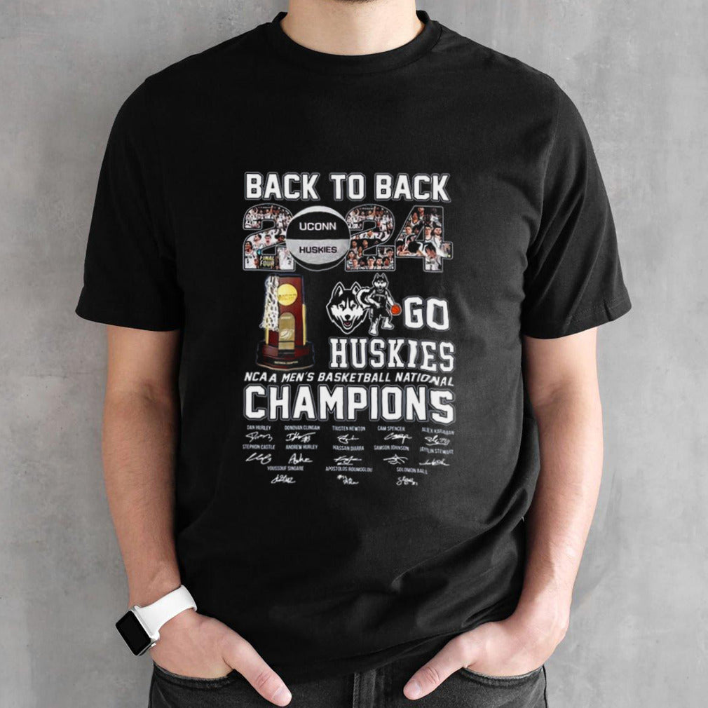 Uconn Huskies Back To Back 2024 Go Huskies NCAA Mensâ€™s Basketball National Champions Signatures Shirts