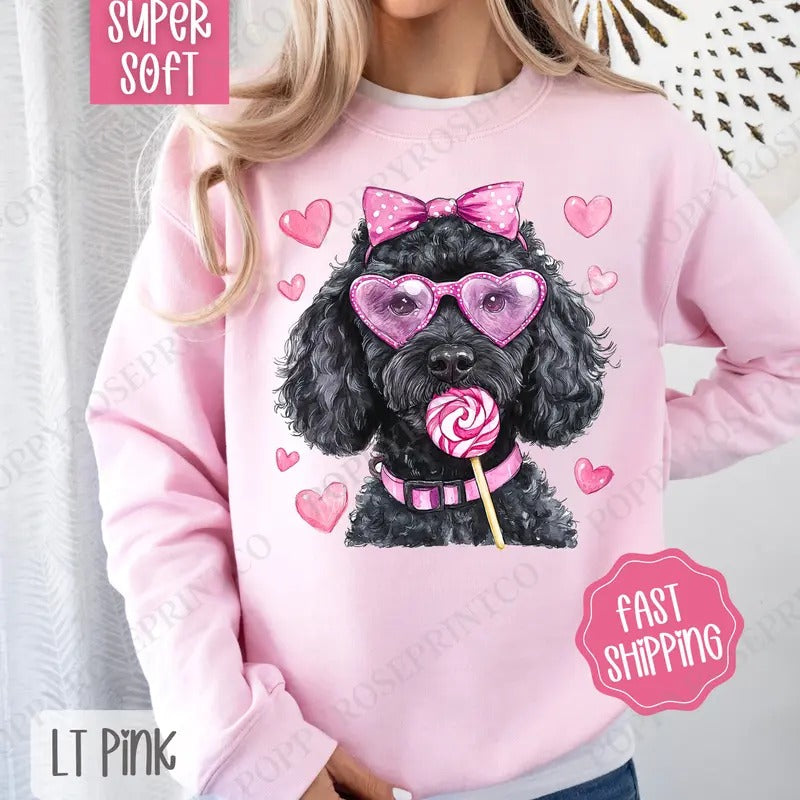 Valentine Black Doodle Sweatshirt, Valentine's Day Crewneck, Cute Women's Sweater