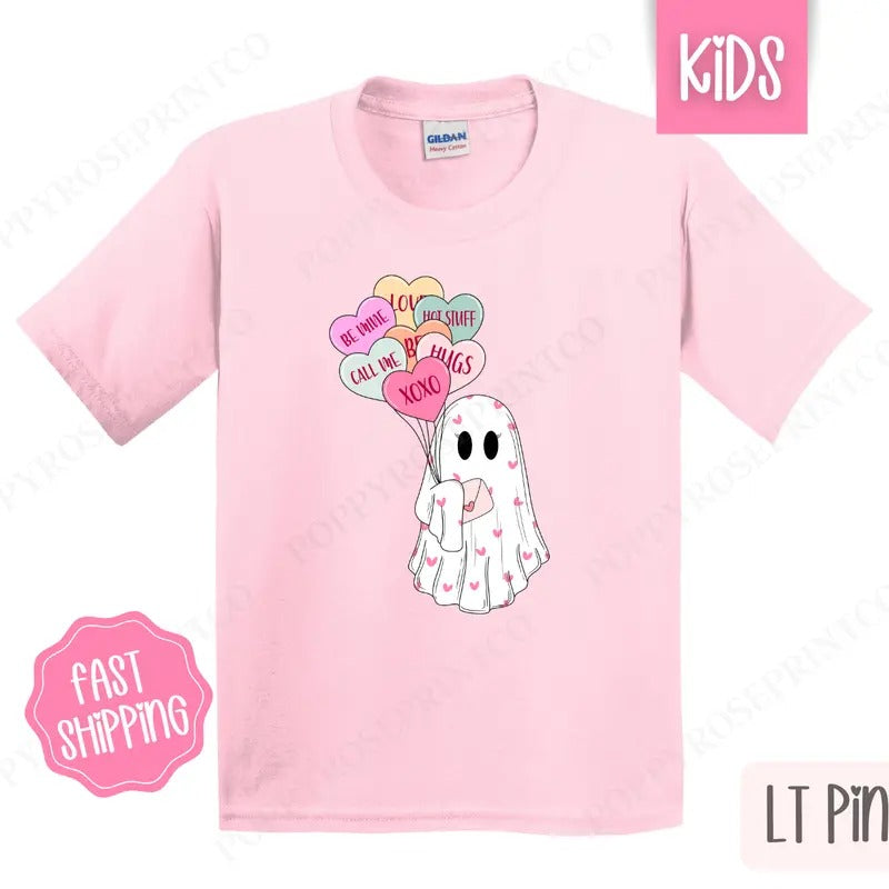 Valentine's Ghost Kids Shirt - Valentine's Day Children's Tshirt - Cute Youth Tee Gildan