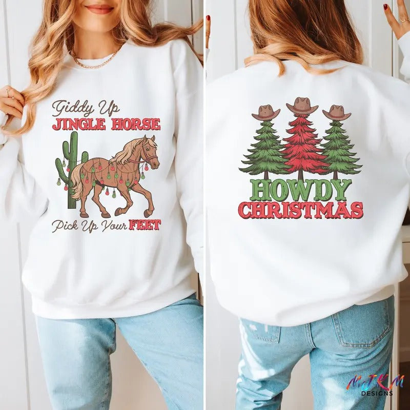 Western Cowgirl Christmas Sweater, Giddy Up Jingle Horse Pick Up Your Feet, Retro Xmas Shirt,  Howdy Country Christmas Horse, Xmas Crewneck Sweater western christmas list