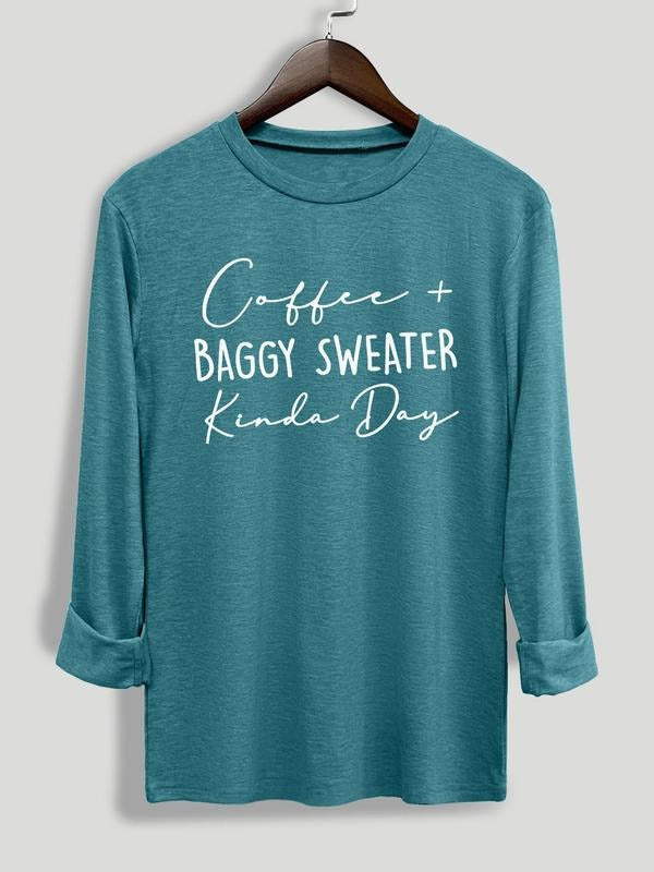 Women's Letter Print Round Neck Tee, Casual Long Sleeve Crew Neck T-Shirt for Fall & Winter, Women's Top for Daily Wearstyle{n002}15