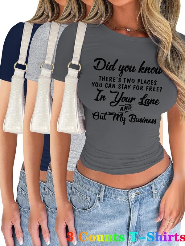 Women's Letter Print Short Sleeve Tee, Casual Round Neck T-shirt for Summer, Ladies Clothes for Daily Wear, Topstyle{n002}4