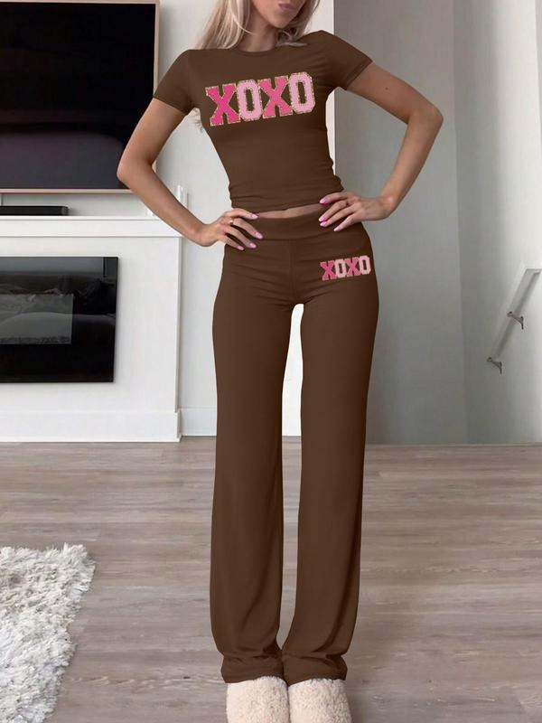 Women's Letter Print Tee & Pants Two-piece Set, Casual Round Neck Short Sleeve T-shirt & Trousers for Daily Wear, Ladies Fall Clothes