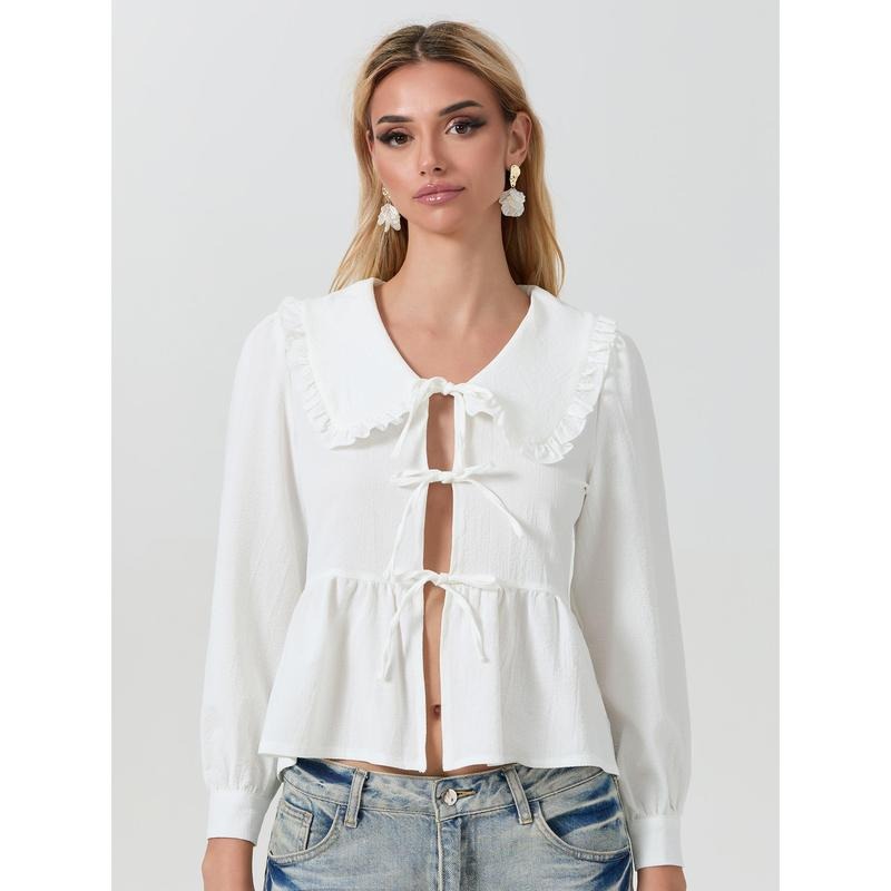 Women's Long Sleeve T-Shirt Casual Loose Front Tie-Up Doll Collar Ruffled Tops for Spring Fall Lady Womenswear