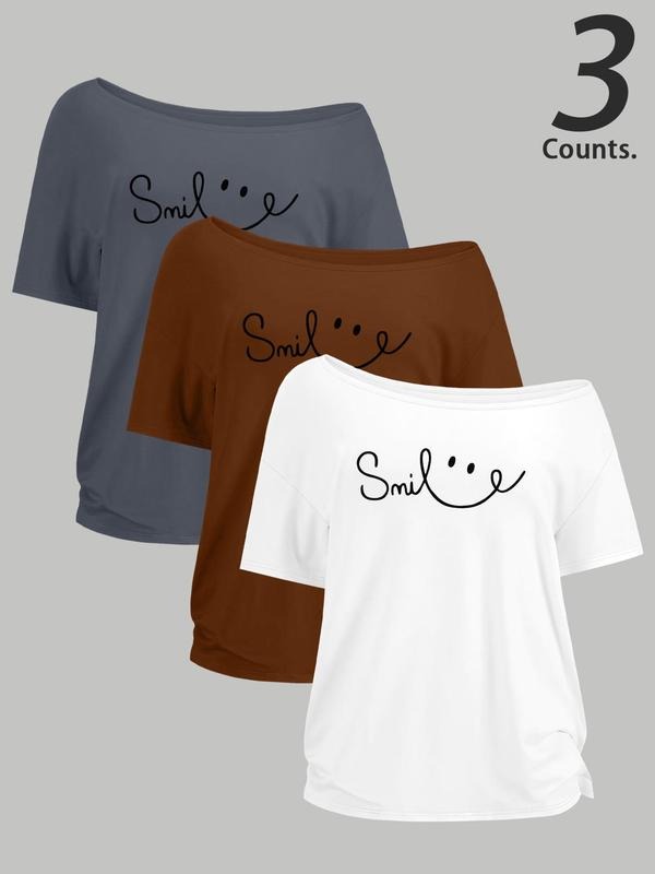 Women's Smile Face Print Round Neck Tee, Casual Short Sleeve Crew Neck T-shirt for Daily Wear, Ladies Clothes for All Seasons, Top