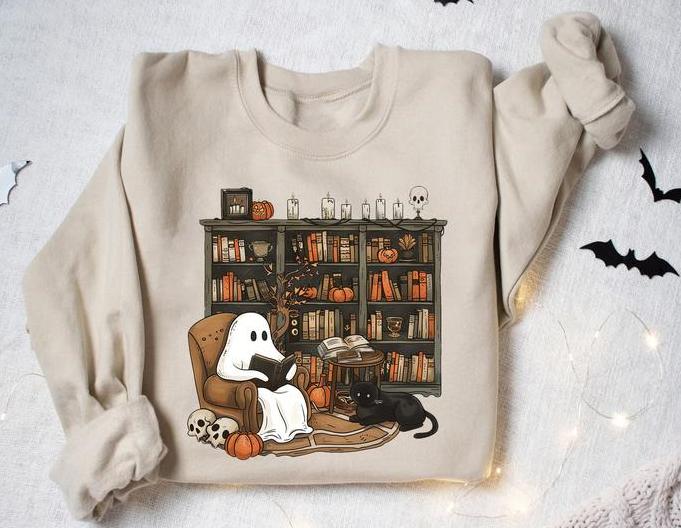 Retro Ghost Reading Books Shirt - Sweatshirt - Hoodie, Librarian Ghost Halloween Sweater, Halloween Teacher Sweatshirt, Ghost Halloween Shirt, Ghost S