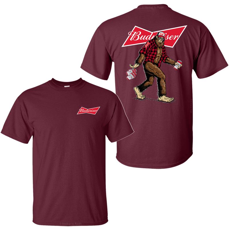 Bigfoot Budweiser T-Shirt, Sasquatch Holding Budweiser Beer Cans 2 Sided Graphic Printed Unisex Classic Comfort Cotton T-Shirt