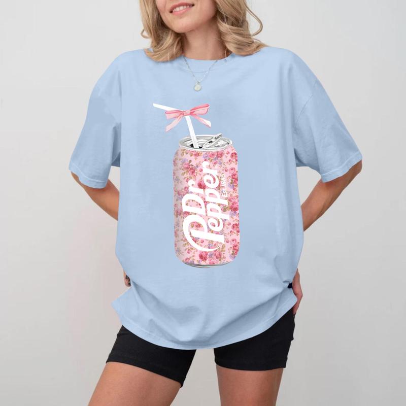 Dr Pepper T-Shirt, Soft Drink Novelty Gift Tee, Cute Pink Bow Graphic Apparel, Rosy Soda Can Shirt for Men's Gift Fashion T-Shirts