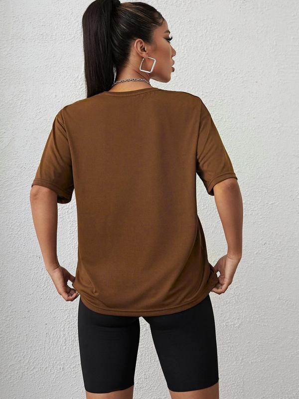 Women's Letter Print Drop Shoulder T-Shirt, Summer Clothes Women, Casual Fashion Round Neck Half Sleeve Tee for Daily Holiday Vacation Outdoor Wear, W