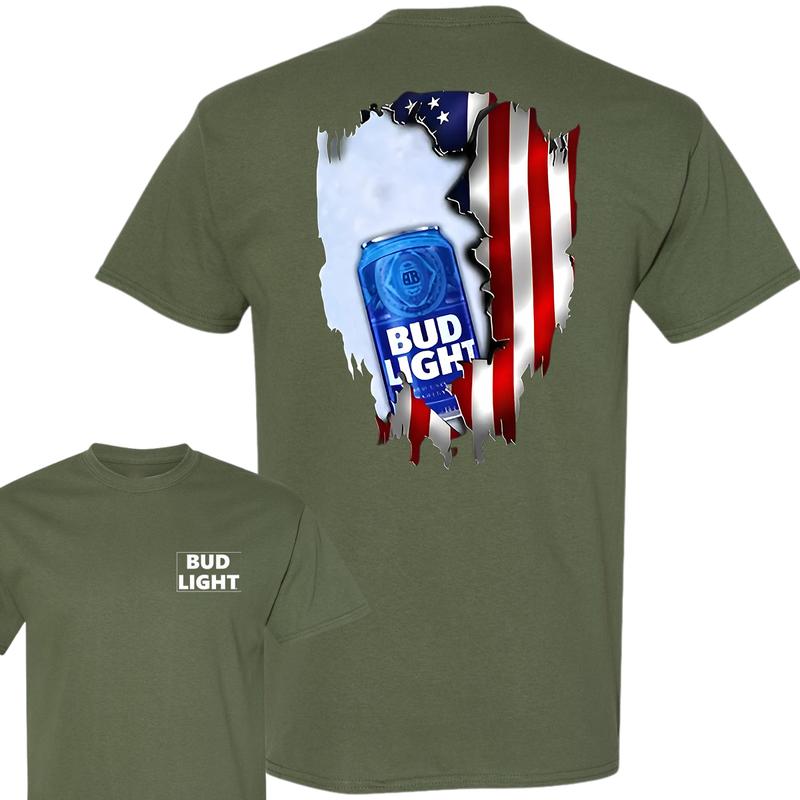 Bud Light Ripped American Flag T-Shirt, Unisex T-Shirt, Full Color, For Men, For Women