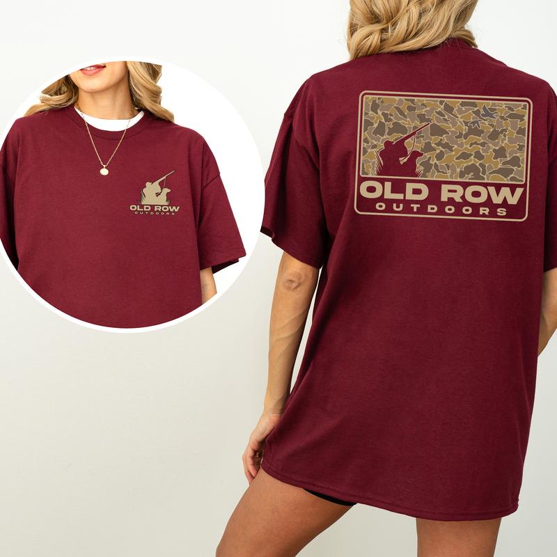 Vintage 80s Old Row Outdoors Hunting Camo 2-Sided Shirt, Retro Hunting T-Shirt, Dog Hunt Tshirt, Unisex Hunter Tops, Women's Top, Casual Womenswear