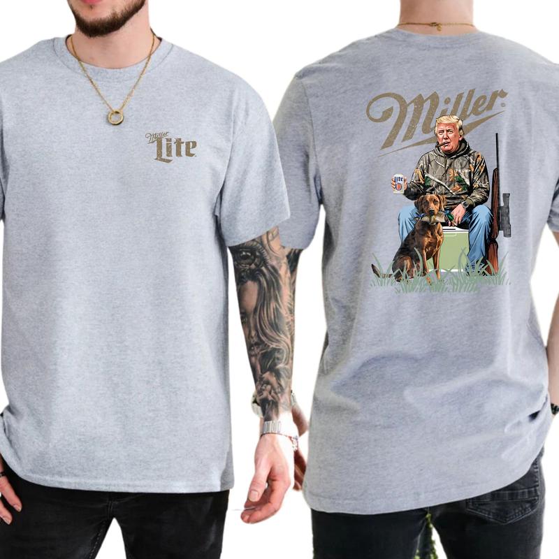 Hunter Trummp with Dog and Miler Lite Beer Shirt 2-Sided, Vintage Men's Buck Hunting Tshirt, Beer Drinking Tee, Hunt Tops, Classic Casual Menswear
