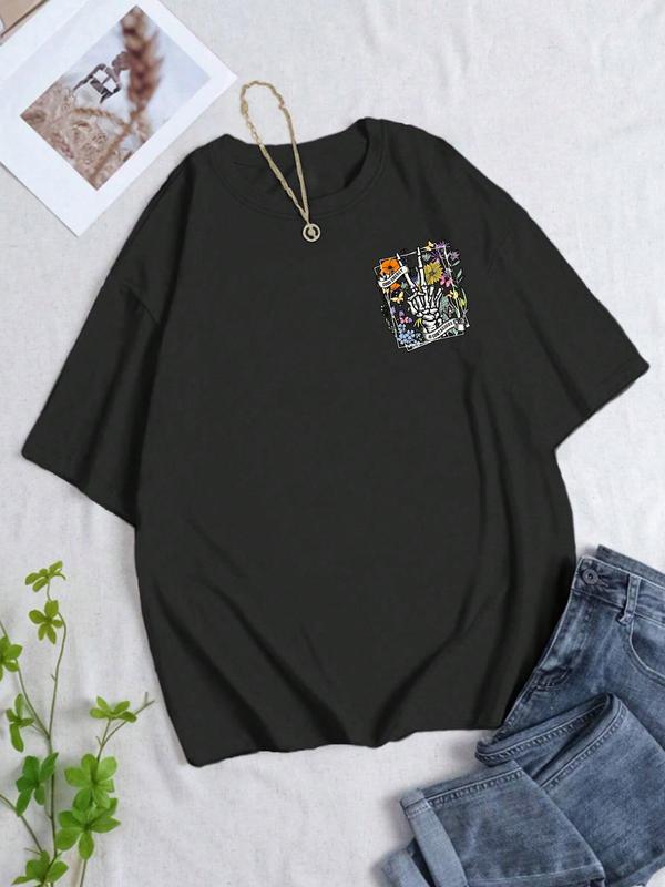 Women's Letter & Skull Print Drop Shoulder Tee,Ã‚Â Back To School Outfits, Casual Round Neck Half Sleeve T-Shirt for Daily Vacation Outdoor, Ladies Summe