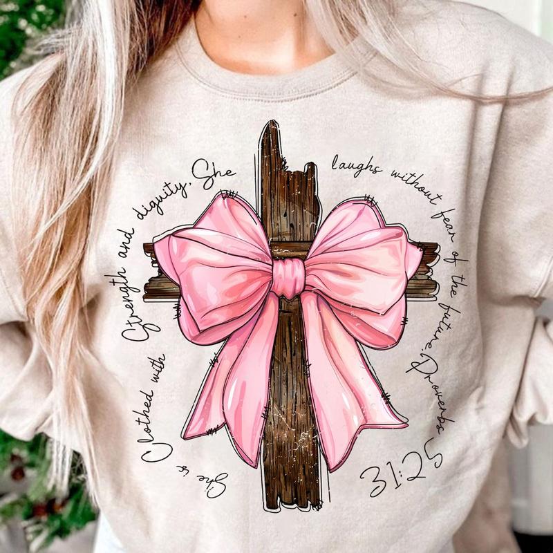 Proverbs She is Clothed with Strength Coquette Bow Light Pink Sweatshirt, Preppy Design, Coquette Bow Design, Bible Verse, Christian Girls, Full Size,
