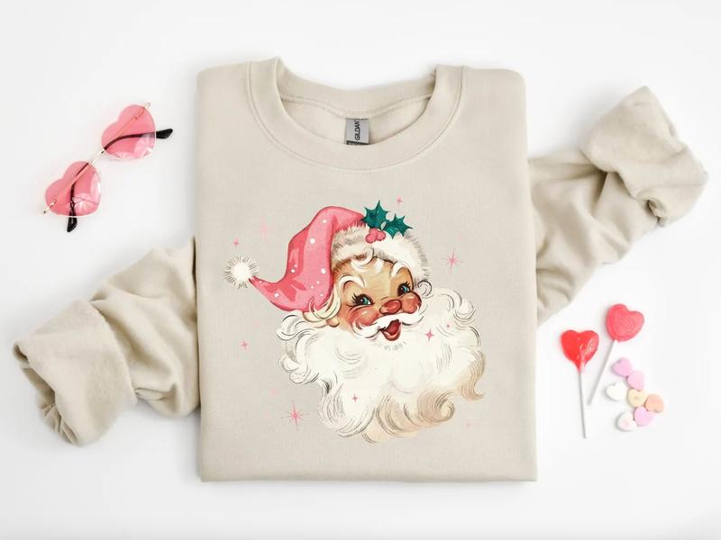 Pink Santa Retro Christmas Shirt/Sweatshirt/Hoodie, Retro Crewneck, Gift For Xmas, Cotton, Womenswear Tops
