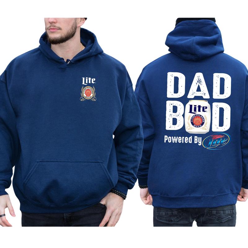 Men's Dad Bod Powered By Miller Lite 2-Sided Hoodie, Daddy's Beer Drinking Hoodie, Drink Tops for Dad, Casual Menswear, Classic Cotton Pullover