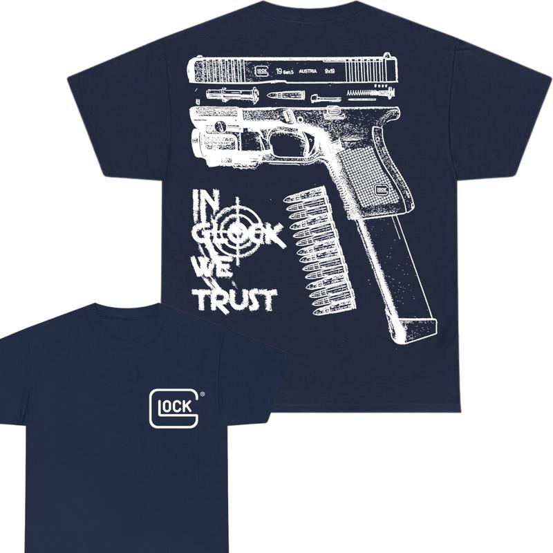 In Glock We Trust Double Sided Print T-Shirt - Glock shirt - Classic Width and Collar for Men and Women - Design color Black and White , Cotton Menswear