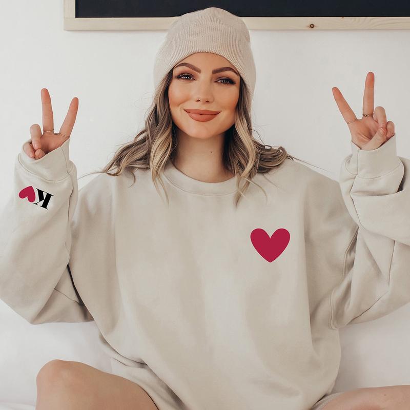 Valentines Sweatshirt for Women with Initial on Sleeve, Couple Sweatshirt, Gift for Lovers, Matching Girlfriend Boyfriend Valentines Shirt