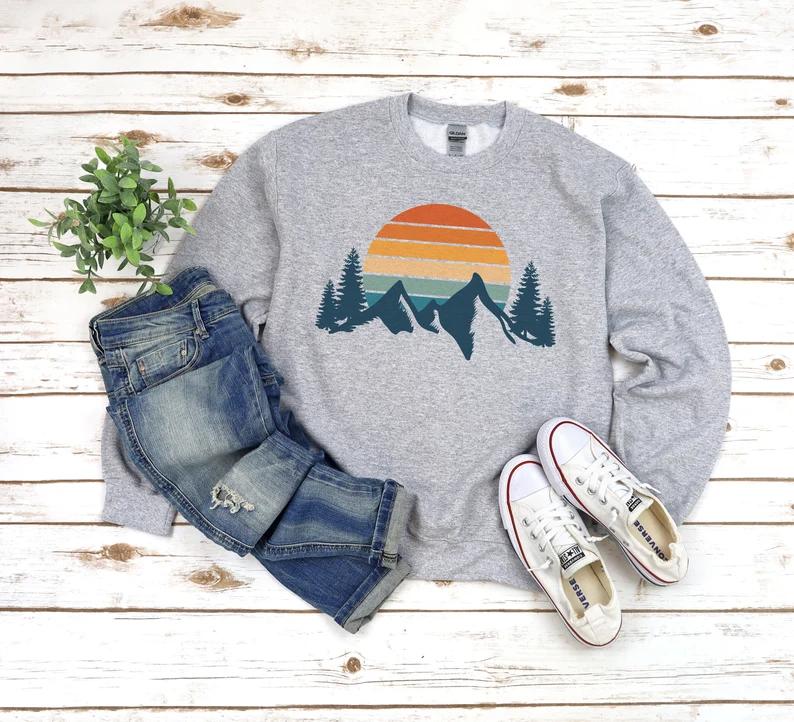Mountain Sweatshirt, Retro Sunset Aesthetic Sweatshirt, Cozy Sweatshirt, Hiking Sweatshirt Cotton Spandex
