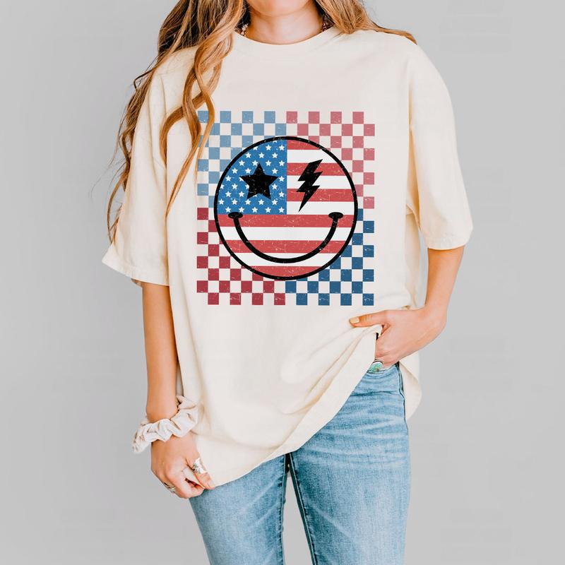 Retro Smiling 4th Of July Shirt, Patriotic Shirt, 4th Of July Checkered Shirt, America Shirt, Independence Day T Shirt, USA Flag Shirt, Funny 4th of July Gift T-shirt, American Tee, Independence Day Parade Outfits, 4th Of July Women Top Casual Comfort