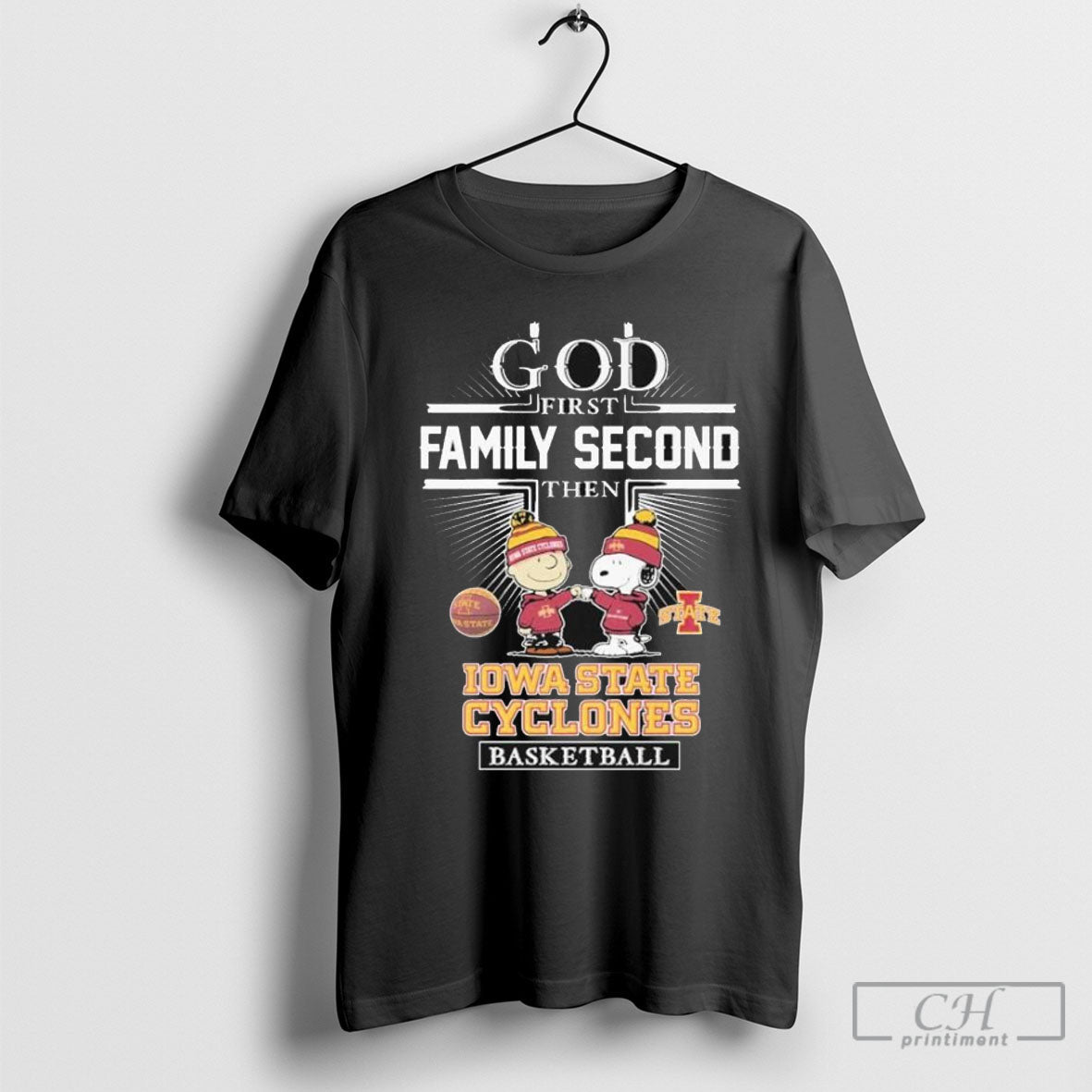Snoopy And Charlie Brown God First Family Second Then Iowa State Cyclones Basketball T Shirt Sweatshirt Tee