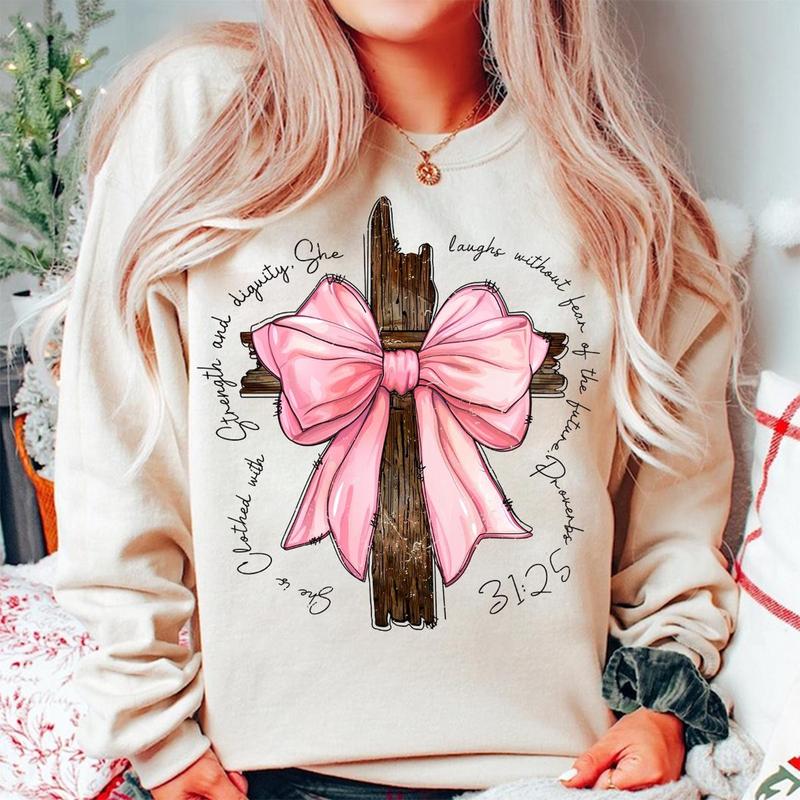 Proverbs She is Clothed with Strength Coquette Bow Light Pink Sweatshirt, Preppy Design, Coquette Bow Design, Bible Verse, Christian Girls, Full Size,