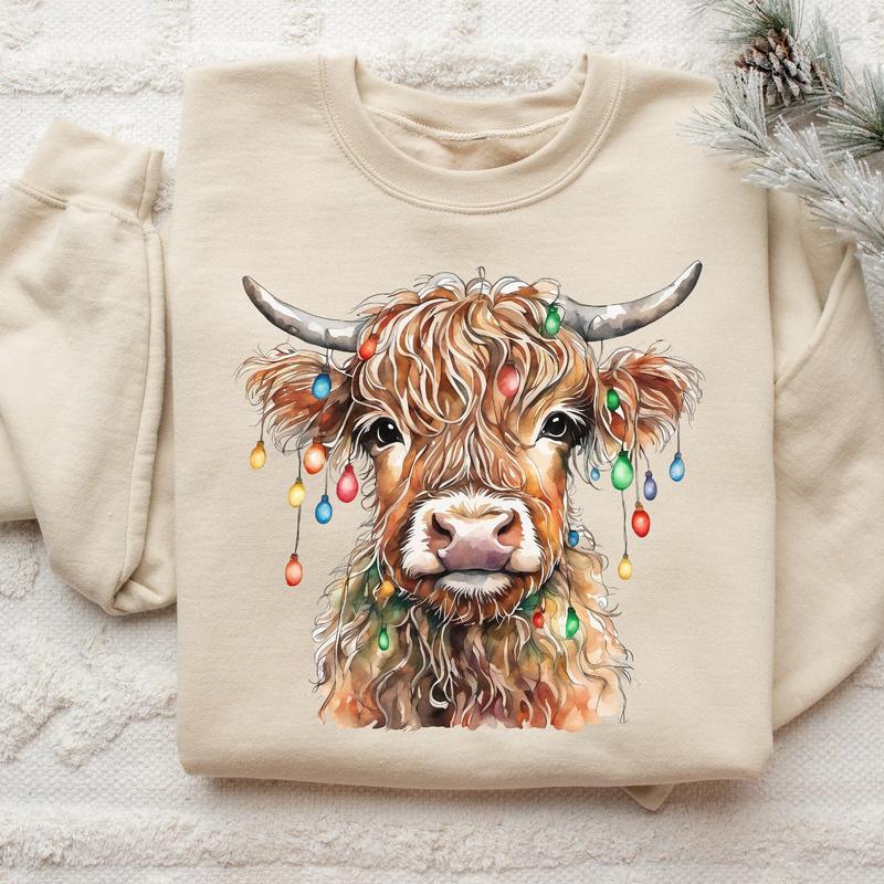Christmas Cow Sweatshirt, Cow Lights Sweater, Cow Women Tshirt, Unisex Crewneck Sweatshirt & Shirt