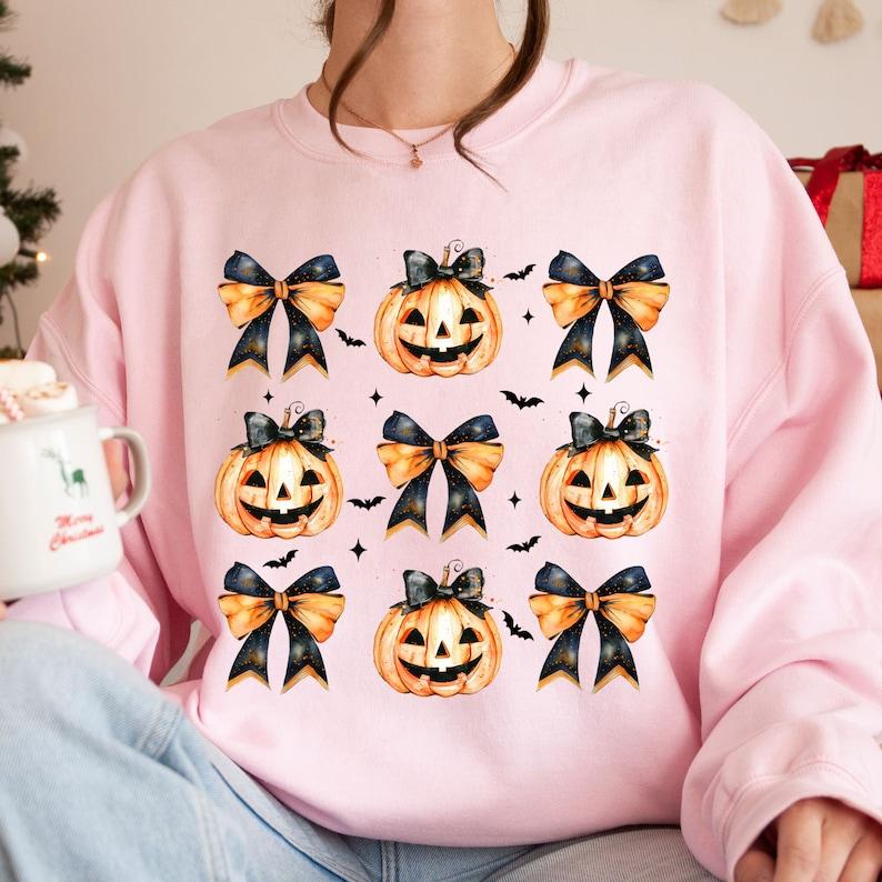 Halloween Pumpkin Shirt, Coquette Bow Halloween Shirt, Spooky Season Shirt Casual Comfort Collar Cotton