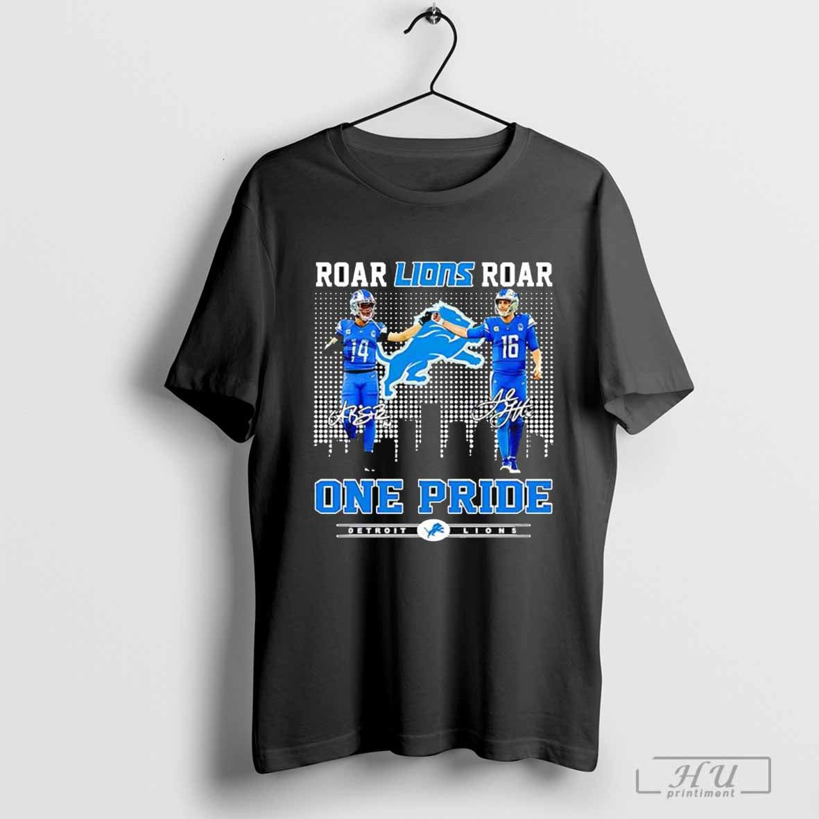 Roar Detroit Lions Roar One Pride St. Brown And Jared Goff Skyline Signatures T-Shirt